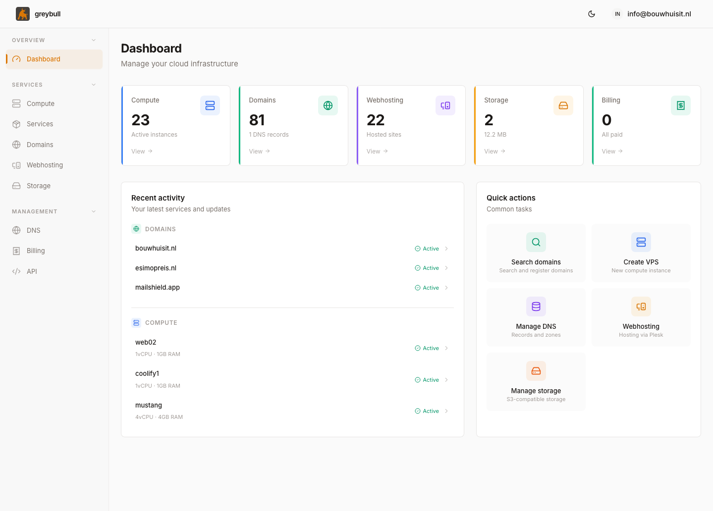 Greybull Dash Dashboard overview with compute instances, domains, apps and quick actions